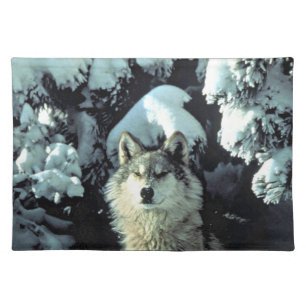 Wolf in Winter Forest Scene Placemat