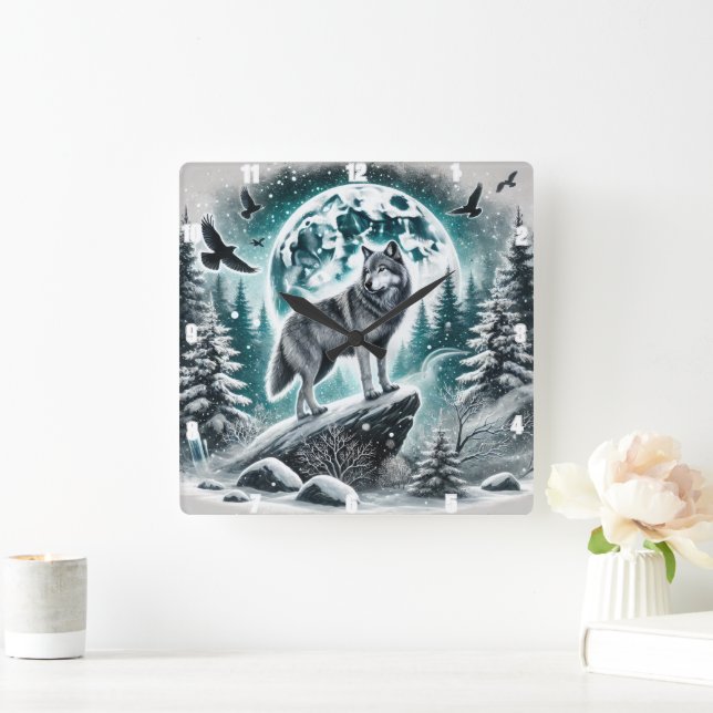 Wolf in Winter Forest Under Moonlit Sky Square Wall Clock (Home)