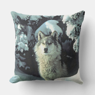 Wolf in Winter Forest Wildlife Design Outdoor Pillow