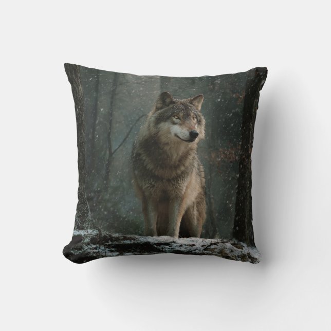 Wolf in Winter Throw Pillow (Front)