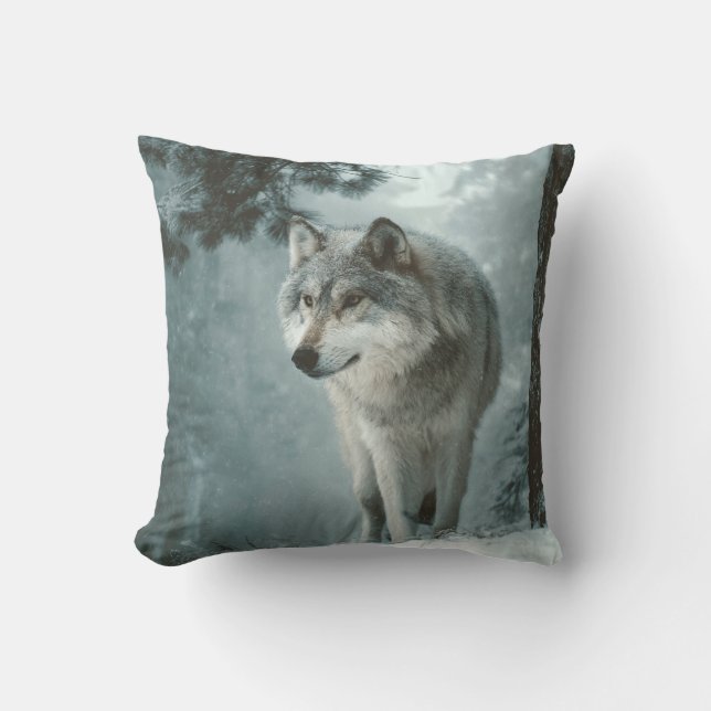 Wolf in Winter Throw Pillow (Front)