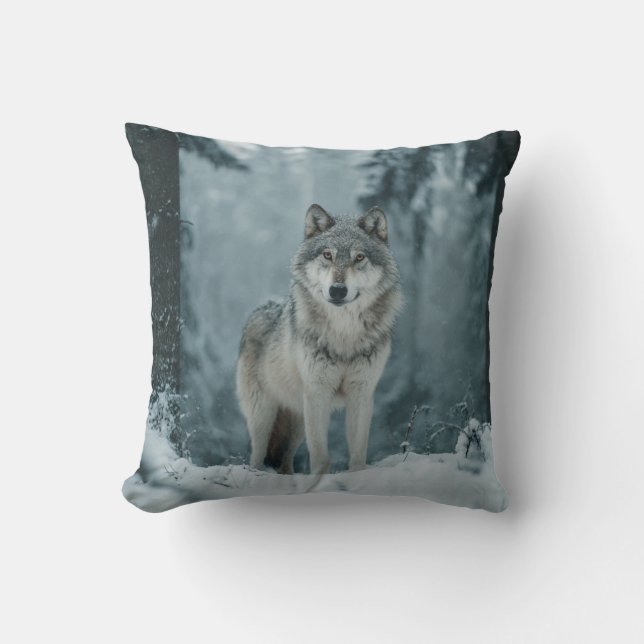 Wolf in Winter Throw Pillow (Front)