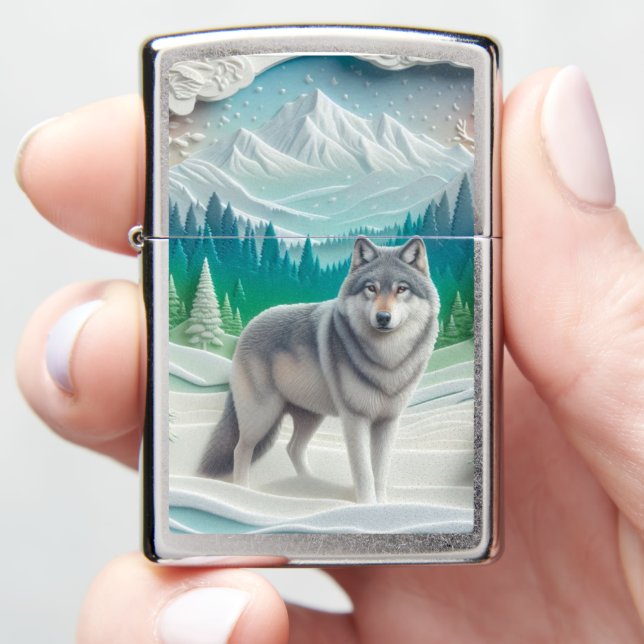 Wolf in Winter Wonderland  Zippo Lighter (In Hand)