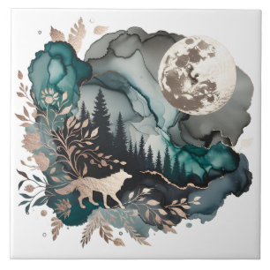 Wolf Landscape & Moon Teal Gold Ceramic Tile