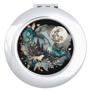 Wolf Landscape & Moon Teal Gold Compact Mirror