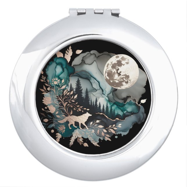 Wolf Landscape & Moon Teal Gold Compact Mirror (Front)