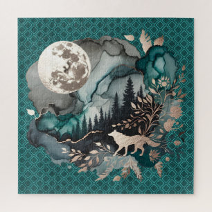 Wolf Landscape & Moon Teal Gold Jigsaw Puzzle