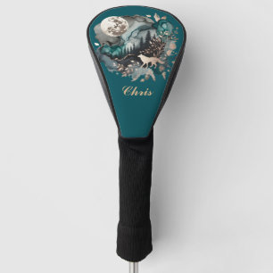 Wolf Landscape & Moon Teal Gold *Personalize* Golf Head Cover