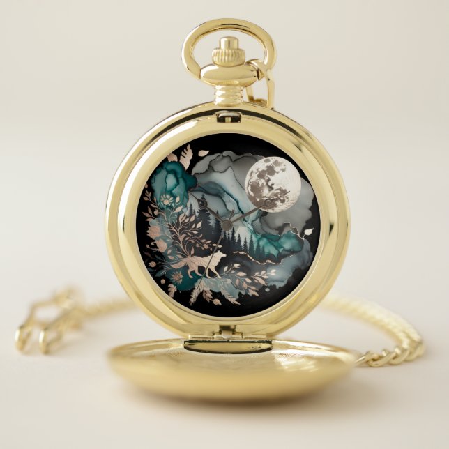 Wolf Landscape & Moon Teal Gold Pocket Watch (Inside)