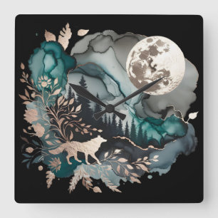 Wolf Landscape & Moon Teal Gold Square Wall Clock