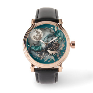 Wolf Landscape & Moon Teal Gold Watch