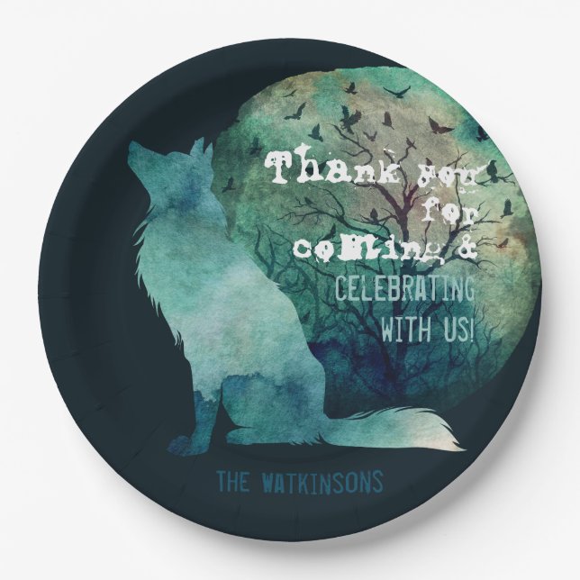 Wolf lovers nice dark teal aesthetic custom  paper plates (Front)