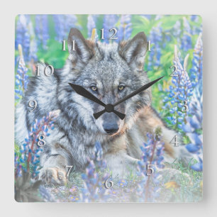 WOLF LUPINE FLOWERS SPRINGTIME SQUARE WALL CLOCK