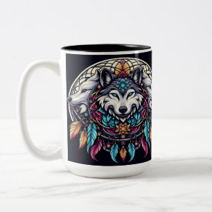 Wolf Mandala With Vibrant Colors and Dreamcatcher Two-Tone Coffee Mug