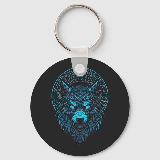 Wolf Mask Odin Runes Norse Compass Viking  Keychain (Front)