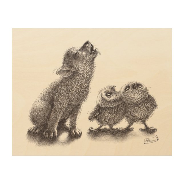 Wolf meets Owls Singing Wolf Owls Friends Wood Wall Art (Front)