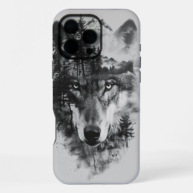 Wolf merges with moonlit forest scene iphone case (Back)