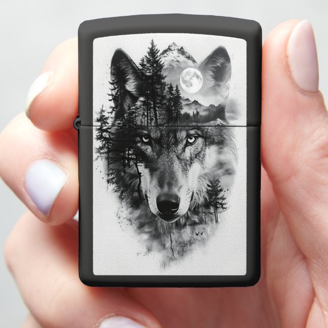 Wolf merges with moonlit forest scene zippo lighter (In Hand)