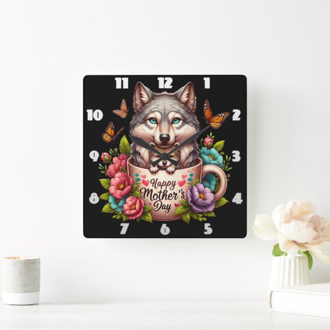 Wolf Mom: Pup, Flowers, Mother's Day Square Wall Clock (Home)