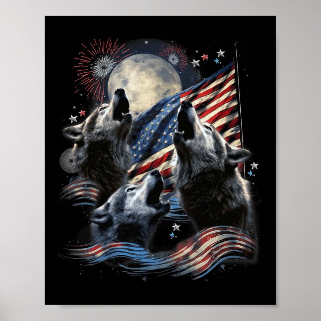 Wolf Moon 4th Of July American Flag Howling Americ Poster (Front)