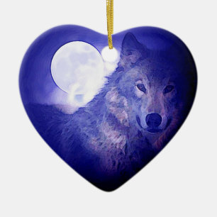 Wolf, Moon & Blue Night Ceramic Ornament