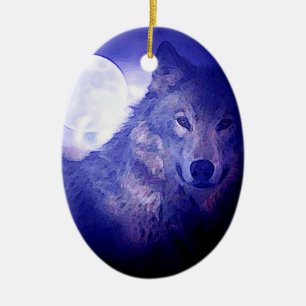 Wolf, Moon & Blue Night Ceramic Ornament