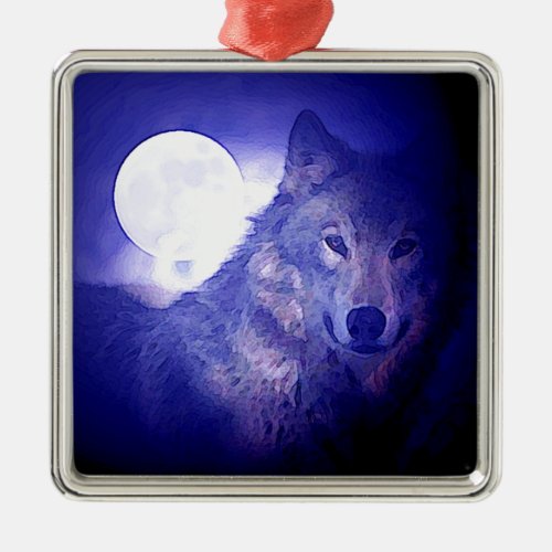 Wolf Moon  Blue Night Metal Ornament