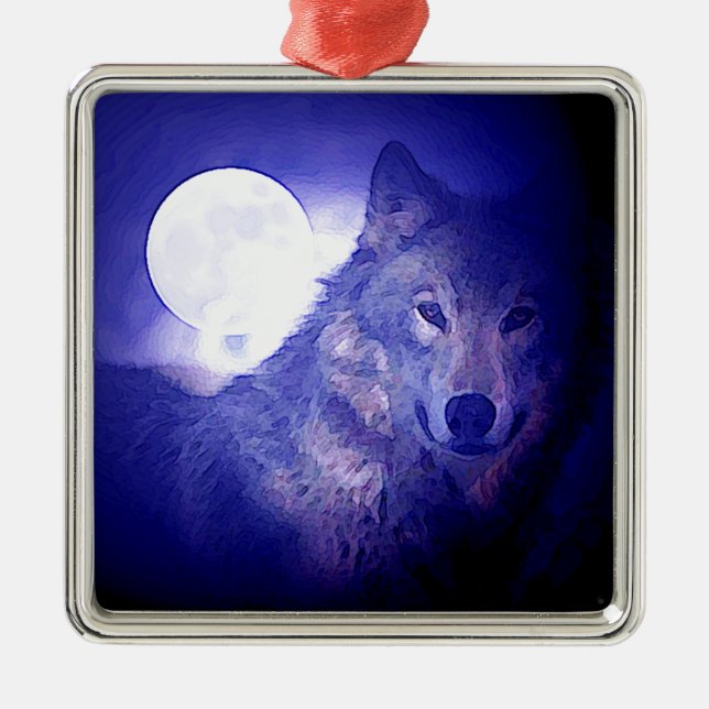 Wolf, Moon & Blue Night Metal Ornament (Front)
