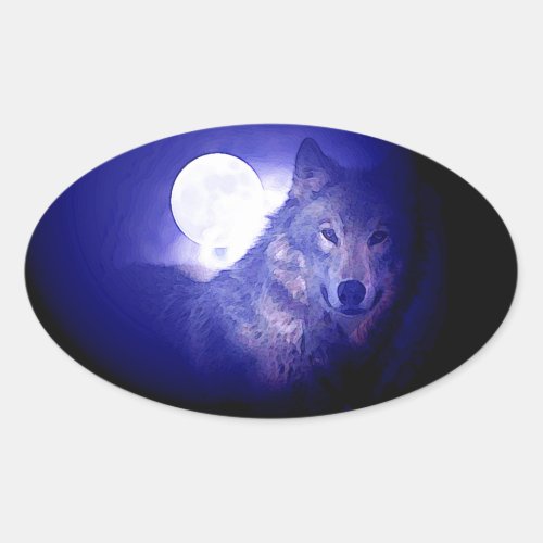 Wolf Moon  Blue Night Oval Sticker