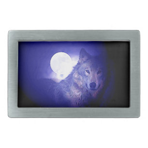 Wolf, Moon & Blue Night Rectangular Belt Buckle