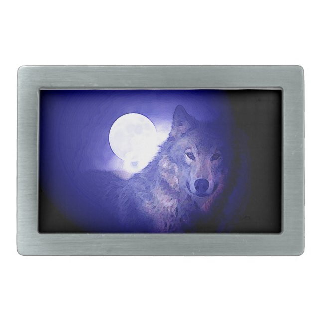 Wolf, Moon & Blue Night Rectangular Belt Buckle (Front)