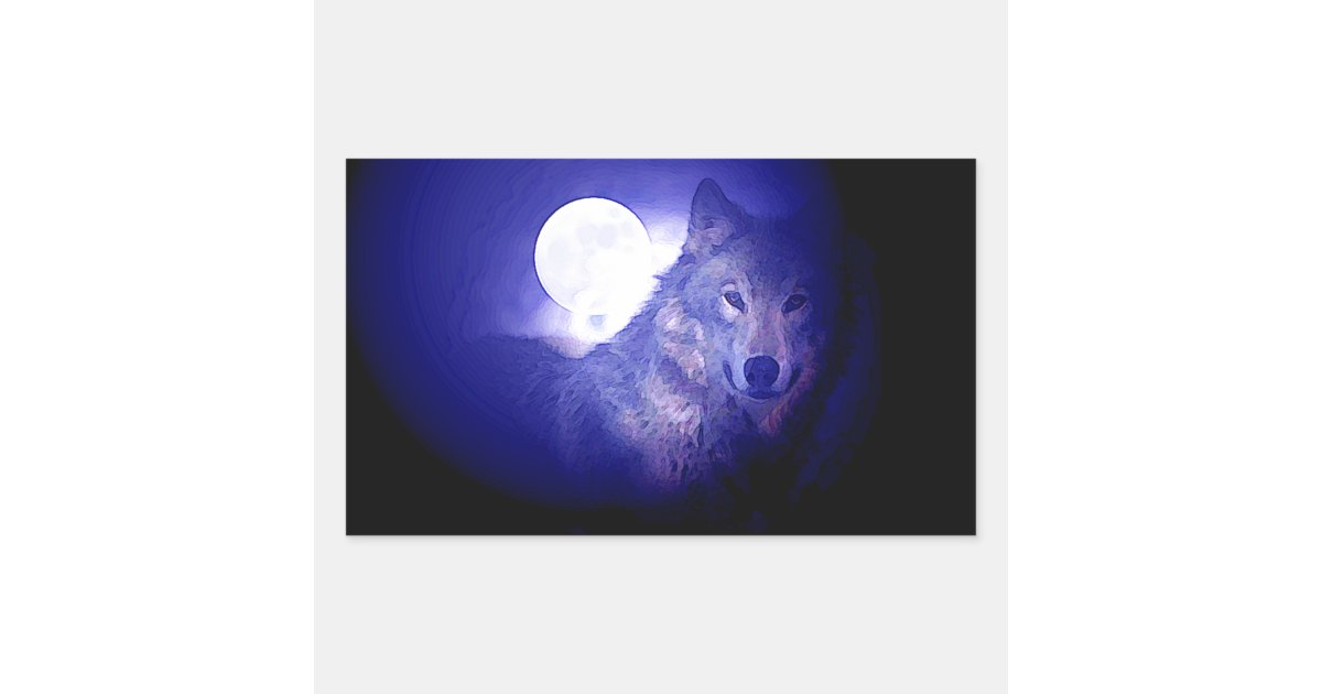 Wolf, Moon & Blue Night Rectangular Sticker | Zazzle