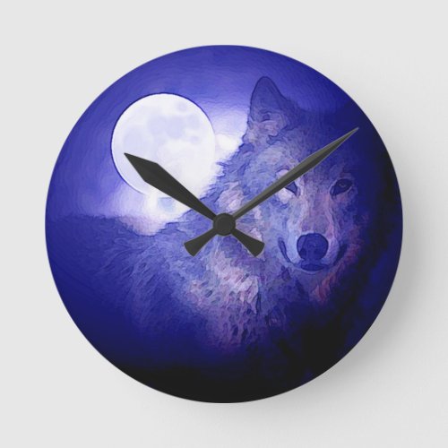 Wolf Moon  Blue Night Round Clock
