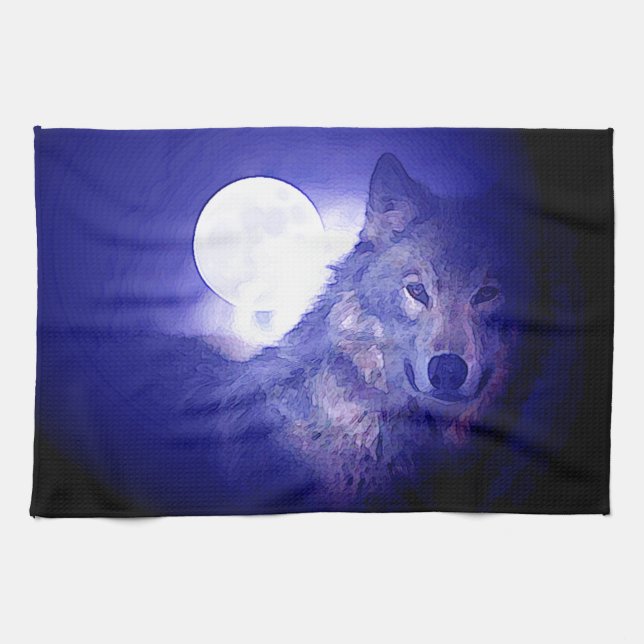 Wolf, Moon & Blue Night Towel (Horizontal)