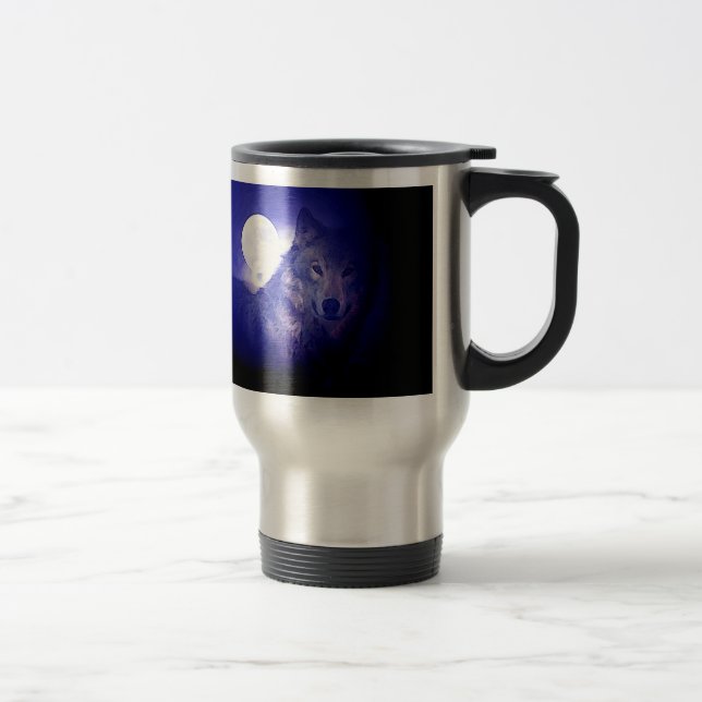 Wolf, Moon & Blue Night Travel Mug (Right)