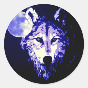 Wolf & Moon Dark Blue Night Collage Classic Round Sticker