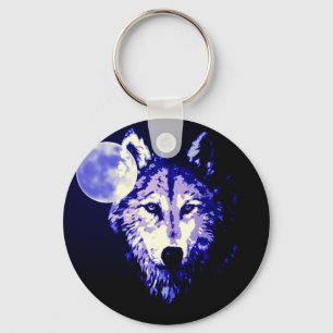 Wolf & Moon Dark Blue Night Collage Keychain