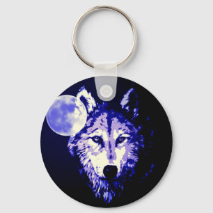 Wolf & Moon Dark Blue Night Collage Keychain