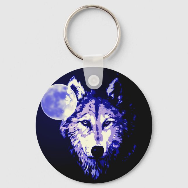 Wolf & Moon Dark Blue Night Collage Keychain (Front)