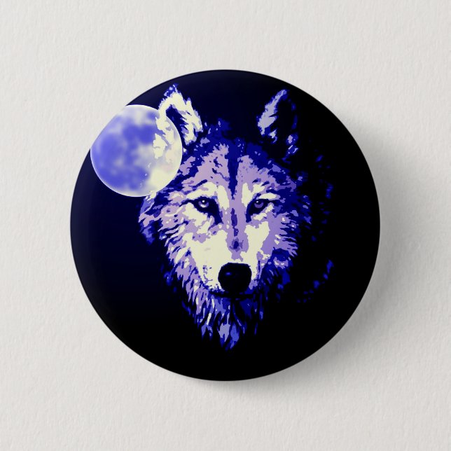 Wolf & Moon Dark Blue Night Collage Pinback Button (Front)
