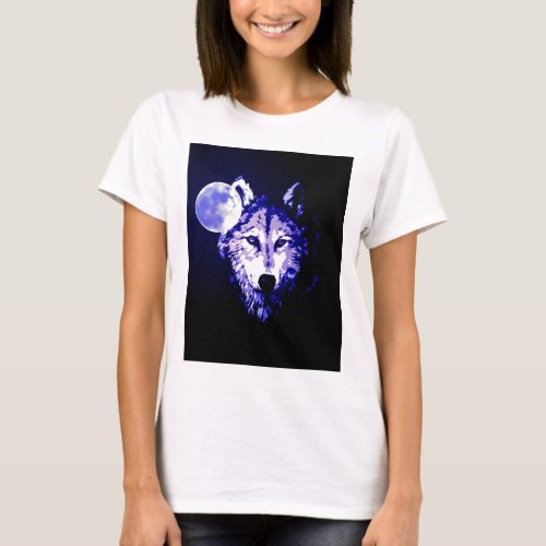 Wolf  Moon Dark Blue Night Collage T_Shirt