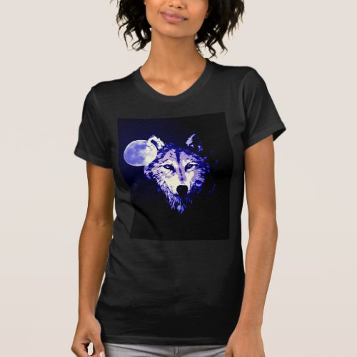 Wolf  Moon Dark Blue Night Collage T_Shirt