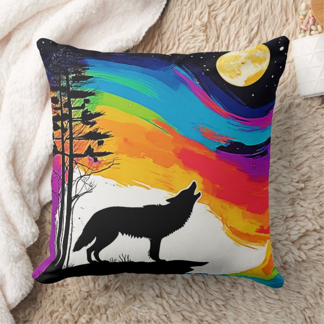 Wolf Moon Howl Art Throw Pillow (Blanket)