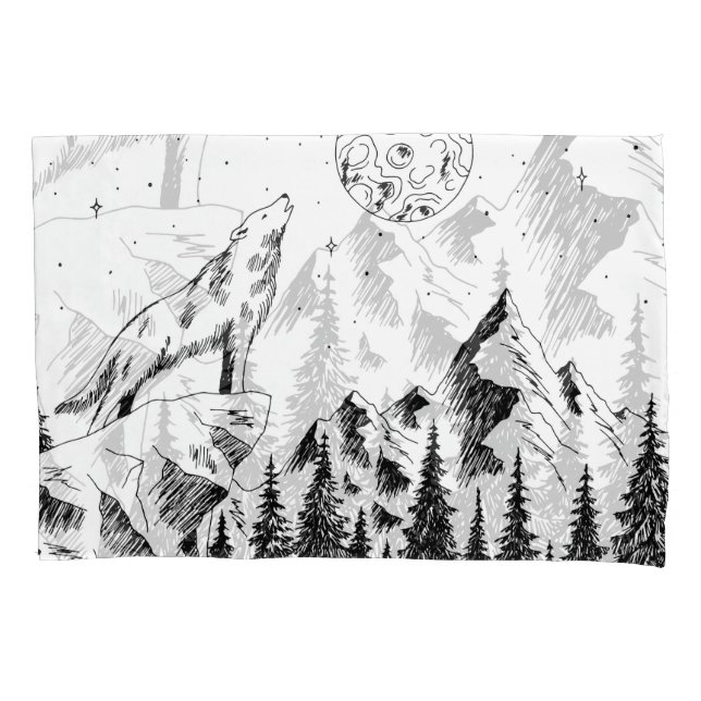 Wolf Moon: Mountains Graphic Sketch. Pillow Case (Front)