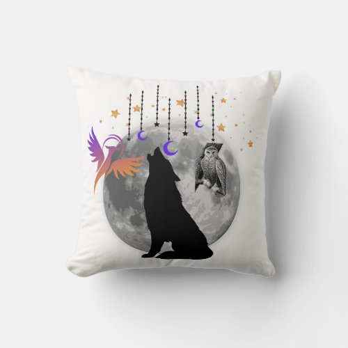 Wolf_Moon_Phoenix_Owl_design Throw Pillow Throw Pillow