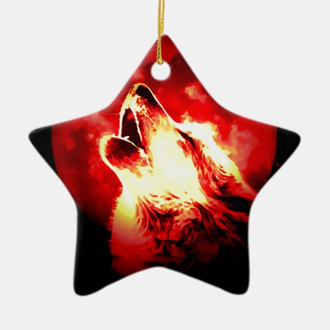 Wolf, Moon & Red Sky Ceramic Ornament (Front)