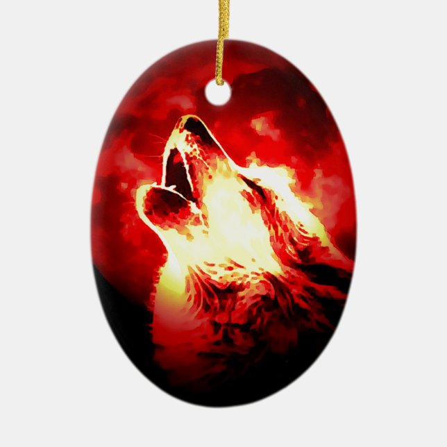 Wolf, Moon & Red Sky Ceramic Ornament (Front)
