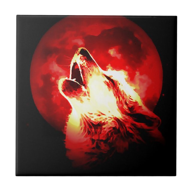Wolf, Moon & Red Sky Ceramic Tile (Front)