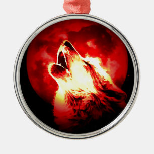 Wolf, Moon & Red Sky Metal Ornament