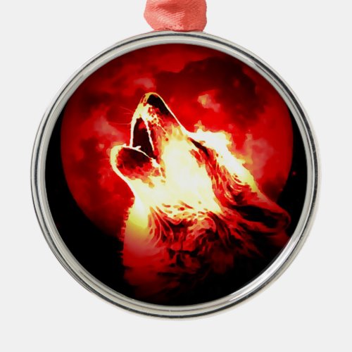 Wolf Moon  Red Sky Metal Ornament